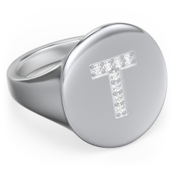 Pavé Initial Signet Ring - T in 925 Sterling Silver with White Premium Zirconia