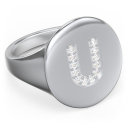 Pavé Initial Signet Ring - U in 925 Sterling Silver with White Premium Zirconia