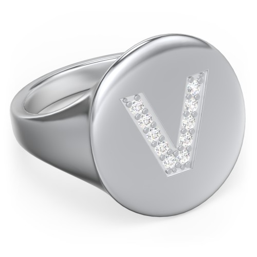 Pavé Initial Signet Ring - V – Sterling Silver with White Premium Zirconia