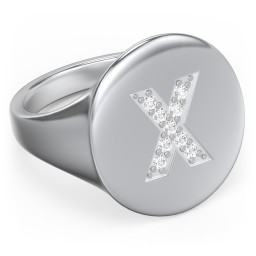 Pavé Initial Signet Ring - X in 925 Sterling Silver with White Premium Zirconia