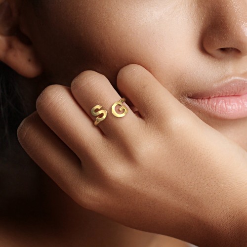 Double Initial Open Cuff Ring – 14K Yellow Gold