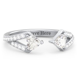 Double Heart Birthstone Open Cuff Ring with Accents