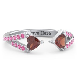 Double Heart Birthstone Open Cuff Ring with Accents