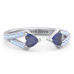 Double Heart Birthstone Open Cuff Ring with Accents