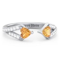 Double Heart Birthstone Open Cuff Ring with Accents