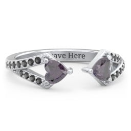 Double Heart Birthstone Open Cuff Ring with Accents