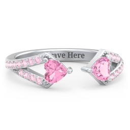 Double Heart Birthstone Open Cuff Ring with Accents