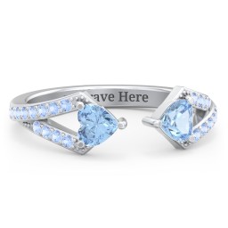 Double Heart Birthstone Open Cuff Ring with Accents