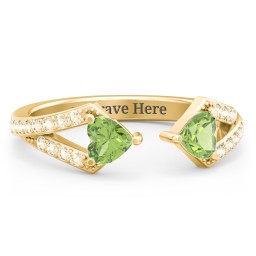 Double Heart Birthstone Open Cuff Ring with Accents