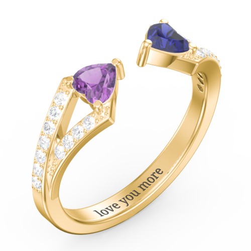 Double Heart Birthstone Open Cuff Ring with Accents – 18K Gold Plated Silver with Amethyst, Blue Sapphire, and White Premium Zirconia