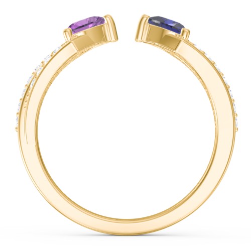 Double Heart Birthstone Open Cuff Ring with Accents – 18K Gold Plated Silver with Amethyst, Blue Sapphire, and White Premium Zirconia