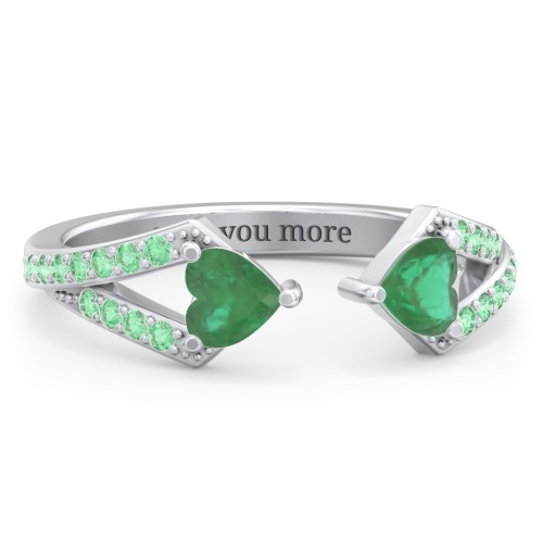 Double Heart Birthstone Open Cuff Ring with Accents