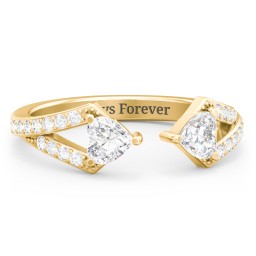 Double Heart Birthstone Open Cuff Ring with Accents in 18K Gold Plated Silver with Diamond