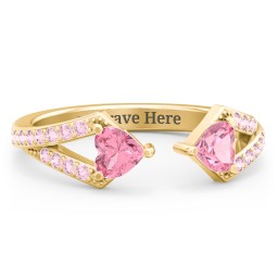 Double Heart Birthstone Open Cuff Ring with Accents in 18K Gold Plated Silver with Pink Tourmaline and Fancy Pink Premium Zirconia