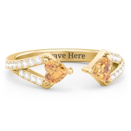 Double Heart Birthstone Open Cuff Ring with Accents in 18K Gold Plated Silver with Citrine and White Premium Zirconia