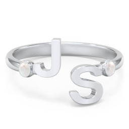Double Initial Open Cuff Ring with Birthstones