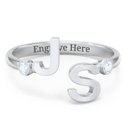 Double Initial Open Cuff Ring with Birthstones