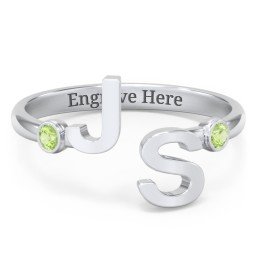 Double Initial Open Cuff Ring with Birthstones