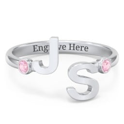 Double Initial Open Cuff Ring with Birthstones