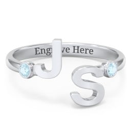 Double Initial Open Cuff Ring with Birthstones