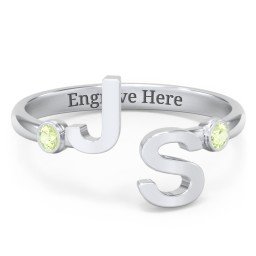 Double Initial Open Cuff Ring with Birthstones