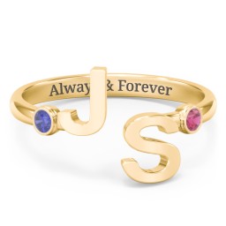 Double Initial Open Cuff Ring with Birthstones in 18K Gold Plated Silver with Blue Sapphire and Ruby