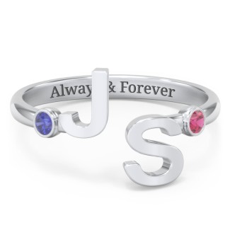 Double Initial Open Cuff Ring with Birthstones