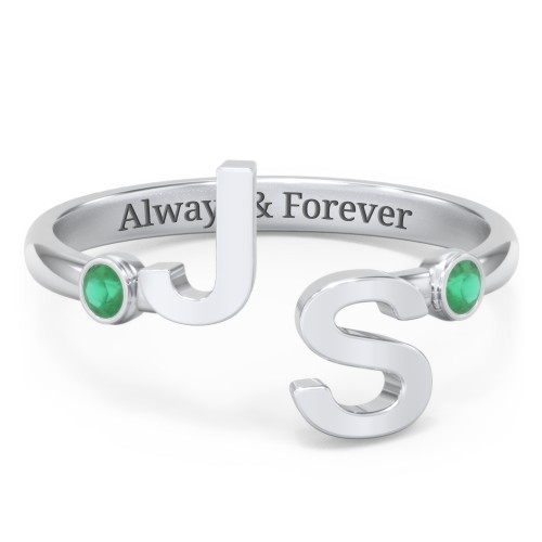 Double Initial Open Cuff Ring with Birthstones