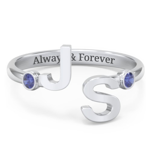 Double Initial Open Cuff Ring with Birthstones