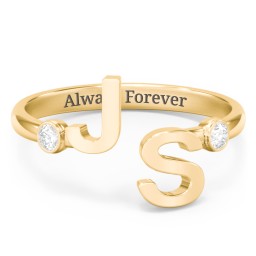 Double Initial Open Cuff Ring with Birthstones in 18K Gold Plated Silver with Diamond