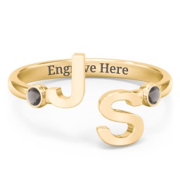 Double Initial Open Cuff Ring with Birthstones in 18K Gold Plated Silver with Smokey Quartz