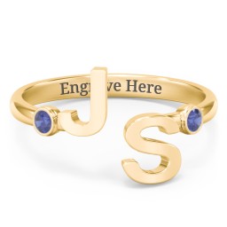 Double Initial Open Cuff Ring with Birthstones in 18K Gold Plated Silver with Blue Sapphire