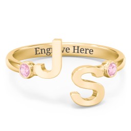 Double Initial Open Cuff Ring with Birthstones in 18K Gold Plated Silver with Pink Tourmaline