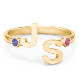 Double Initial Open Cuff Ring with Birthstones in 18K Gold Plated Silver with Blue Sapphire and Ruby