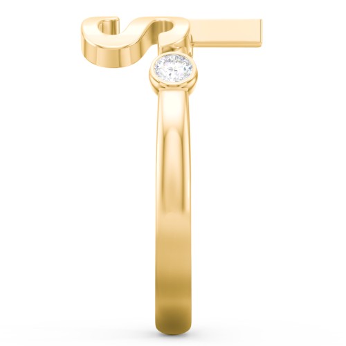 Double Initial Open Cuff Ring with Birthstones – 18K Gold Plated Silver with Diamond
