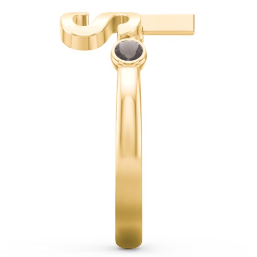 Double Initial Open Cuff Ring with Birthstones – 18K Gold Plated Silver with Smokey Quartz