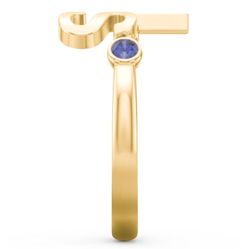 Double Initial Open Cuff Ring with Birthstones – 18K Gold Plated Silver with Blue Sapphire