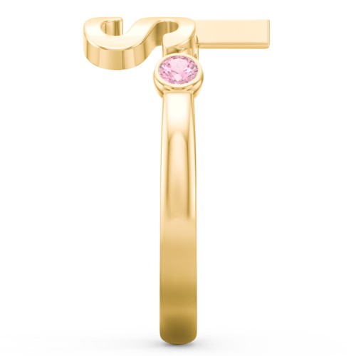Double Initial Open Cuff Ring with Birthstones – 18K Gold Plated Silver with Pink Tourmaline