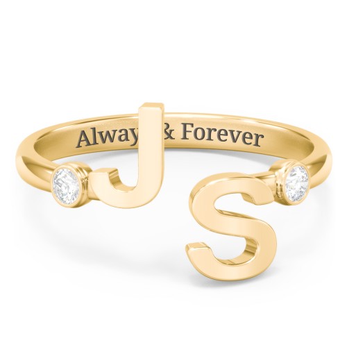Double Initial Open Cuff Ring with Birthstones – 18K Gold Plated Silver with Diamond