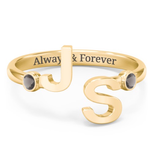 Double Initial Open Cuff Ring with Birthstones – 18K Gold Plated Silver with Smokey Quartz