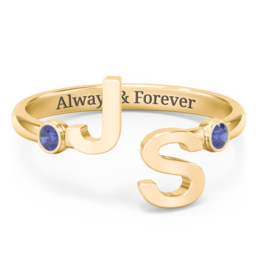 Double Initial Open Cuff Ring with Birthstones – 18K Gold Plated Silver with Blue Sapphire
