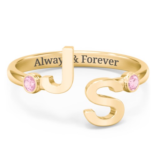 Double Initial Open Cuff Ring with Birthstones – 18K Gold Plated Silver with Pink Tourmaline