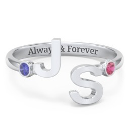 Double Initial Open Cuff Ring with Birthstones in 925 Sterling Silver with Blue Sapphire and Ruby
