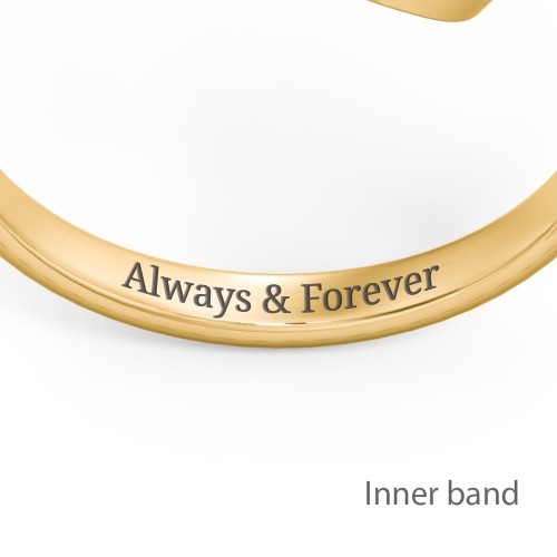 Double Initial Open Cuff Ring with Birthstones – 10K Yellow Gold with Emerald and Ruby
