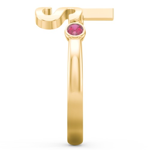 Double Initial Open Cuff Ring with Birthstones – 10K Yellow Gold with Emerald and Ruby