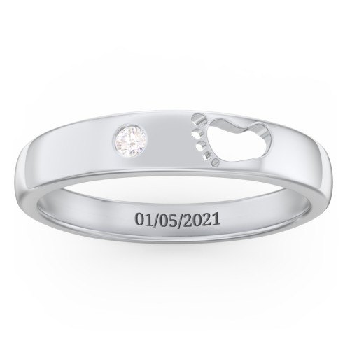 Baby Footprint Cutout Band with Birthstone – Sterling Silver with Diamond