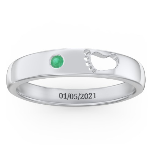 Baby Footprint Cutout Band with Birthstone – Sterling Silver with Emerald