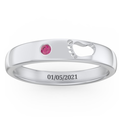 Baby Footprint Cutout Band with Birthstone – Sterling Silver with Ruby