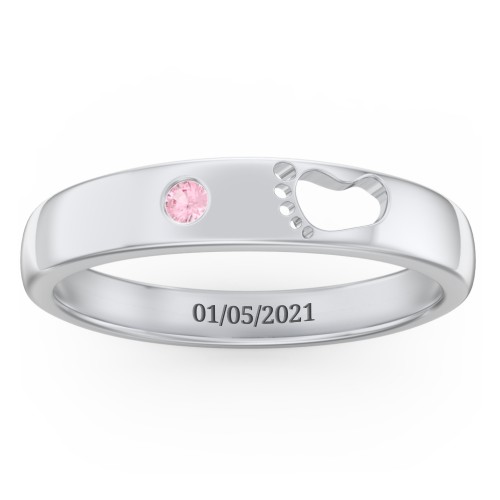 Baby Footprint Cutout Band with Birthstone – Sterling Silver with Pink Tourmaline