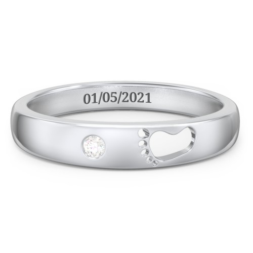 Baby Footprint Cutout Band with Birthstone – Sterling Silver with Diamond